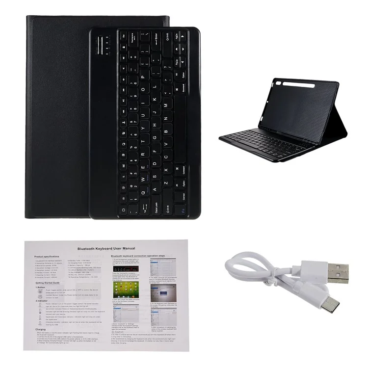 For Samsung Galaxy Tab S7+ (T970 / S7FE T730 T733) / S8+ Bluetooth-compatible Keyboard Case with PU Leather Cover Wireless Keyboard Protective Case - Black