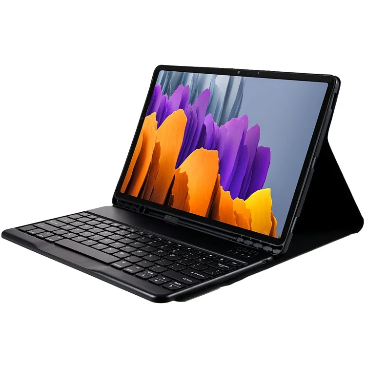 For Samsung Galaxy Tab S7+ (T970 / S7FE T730 T733) / S8+ Bluetooth-compatible Keyboard Case with PU Leather Cover Wireless Keyboard Protective Case - Black