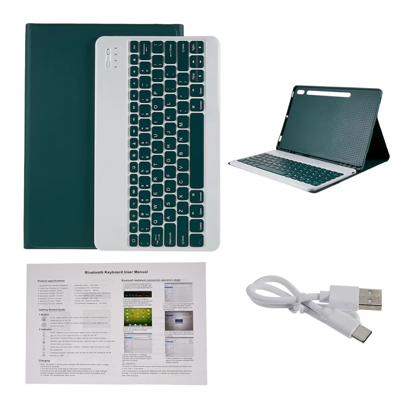 For Samsung Galaxy Tab S7+ (T970 / S7FE T730 T733) / S8+ Bluetooth-compatible Keyboard Case with PU Leather Cover Wireless Keyboard Protective Case - Green