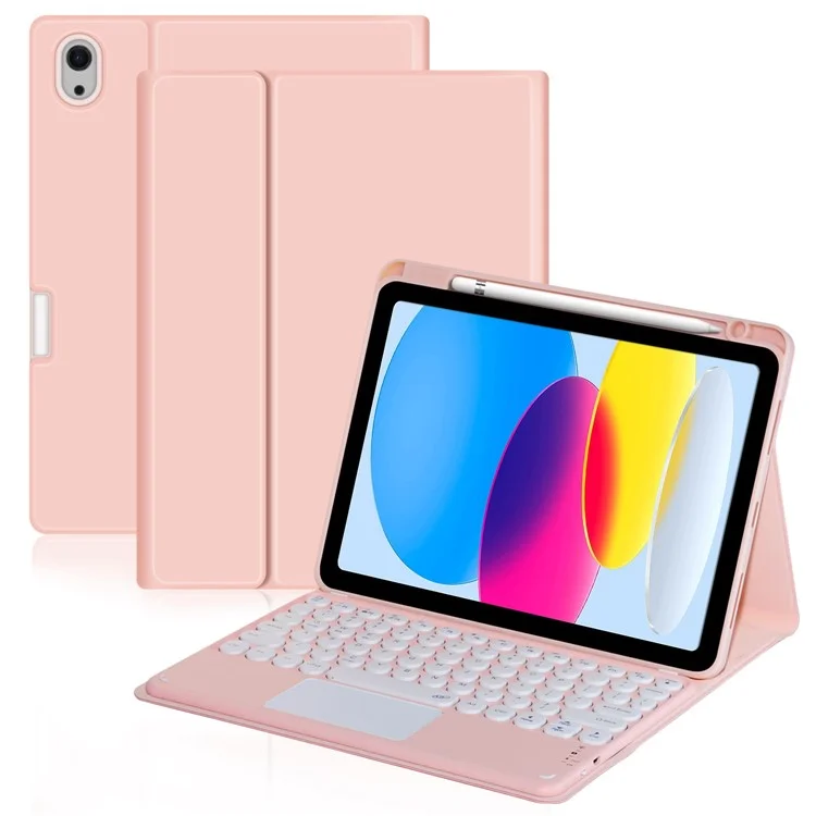 For iPad (2025) / 10.9 (2022) Pen Slot Design Tablet Stand Case Skin-Touch PU Leather Cover + Bluetooth-Compatible Keyboard with Touchpad - Pink