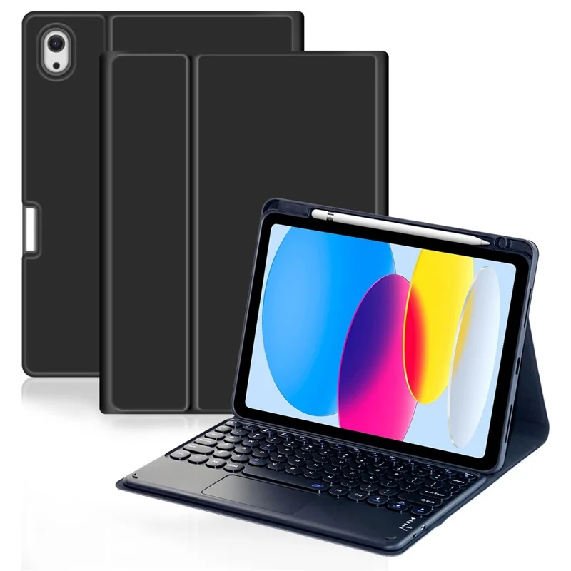 For iPad (2025) / 10.9 (2022) Pen Slot Design Tablet Stand Case Skin-Touch PU Leather Cover + Bluetooth-Compatible Keyboard with Touchpad - Black