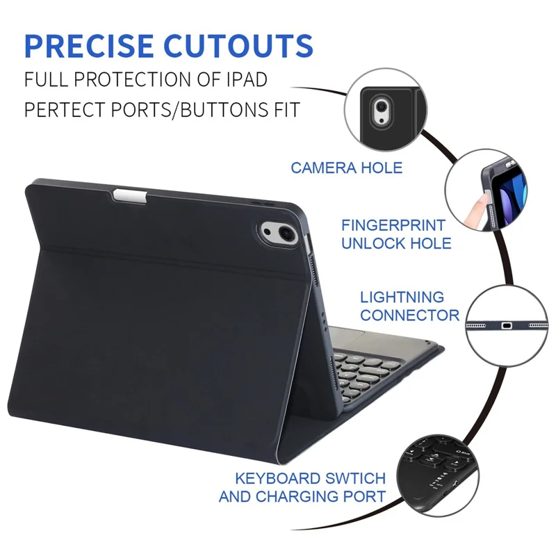 For iPad (2025) / 10.9 (2022) Pen Slot Design Tablet Stand Case Skin-Touch PU Leather Cover + Bluetooth-Compatible Keyboard with Touchpad - Black