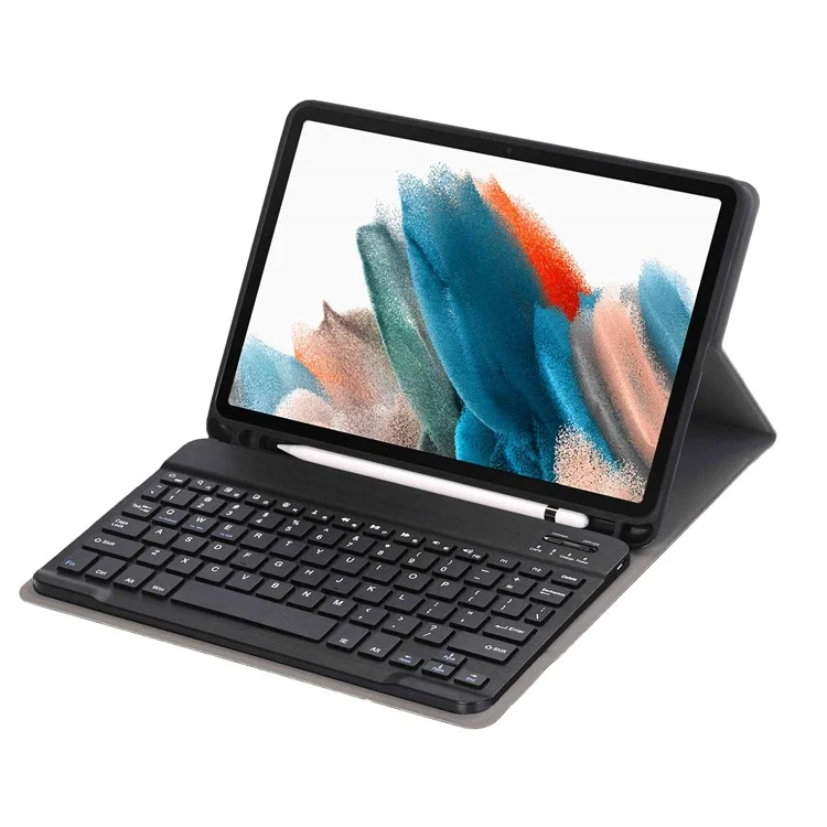 A08B Para Samsung Galaxy Tab A8 10.5 (2021) SM-X205 / X200 Pen Slot Design Slot PU Couro+tpu Tablet Stand Caso Com Teclado Bluetooth - Preto