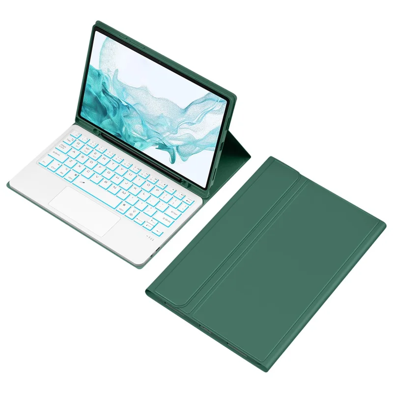 SK-X205D For Samsung Galaxy Tab A8 10.5 (2022) (SM-X200 / X205 / X207) Keyboard Case PU Leather Stand Cover with Backlit Detachable Touchpad Bluetooth-compatible Keyboard - Midnight Green