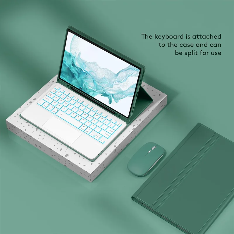SK-X205D For Samsung Galaxy Tab A8 10.5 (2022) (SM-X200 / X205 / X207) Keyboard Case PU Leather Stand Cover with Backlit Detachable Touchpad Bluetooth-compatible Keyboard - Midnight Green