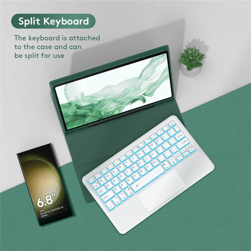 SK-X205D For Samsung Galaxy Tab A8 10.5 (2022) (SM-X200 / X205 / X207) Keyboard Case PU Leather Stand Cover with Backlit Detachable Touchpad Bluetooth-compatible Keyboard - Midnight Green