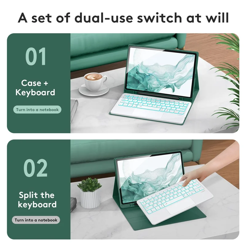SK-X205D For Samsung Galaxy Tab A8 10.5 (2022) (SM-X200 / X205 / X207) Keyboard Case PU Leather Stand Cover with Backlit Detachable Touchpad Bluetooth-compatible Keyboard - Midnight Green