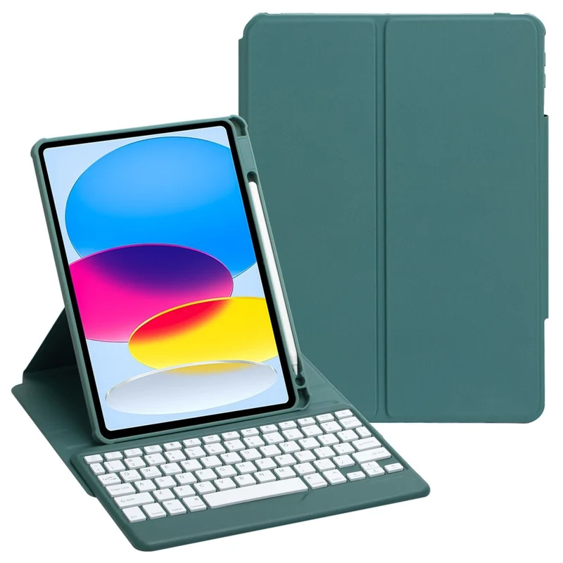 F10B Tablet Case for iPad (2025) / 10.9 (2022) PU Leather Wireless Bluetooth-Compatible Keyboard with Pencil Holder - Midnight Green