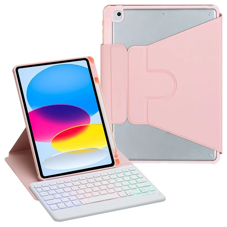 F10BS für iPad 10.9 (2022) PU-Leder-Tablet-Hülle Dreieckiger Ständer Cover mit abnehbarer kabelloser Hintergrundbeleuchtung Tastatur - Pink