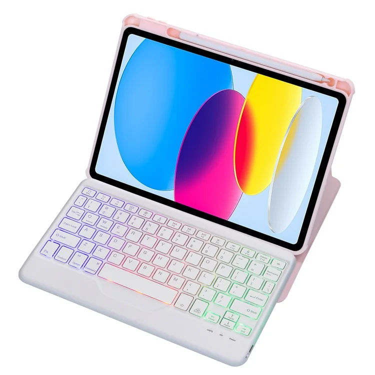 F10BS für iPad 10.9 (2022) PU-Leder-Tablet-Hülle Dreieckiger Ständer Cover mit abnehbarer kabelloser Hintergrundbeleuchtung Tastatur - Pink
