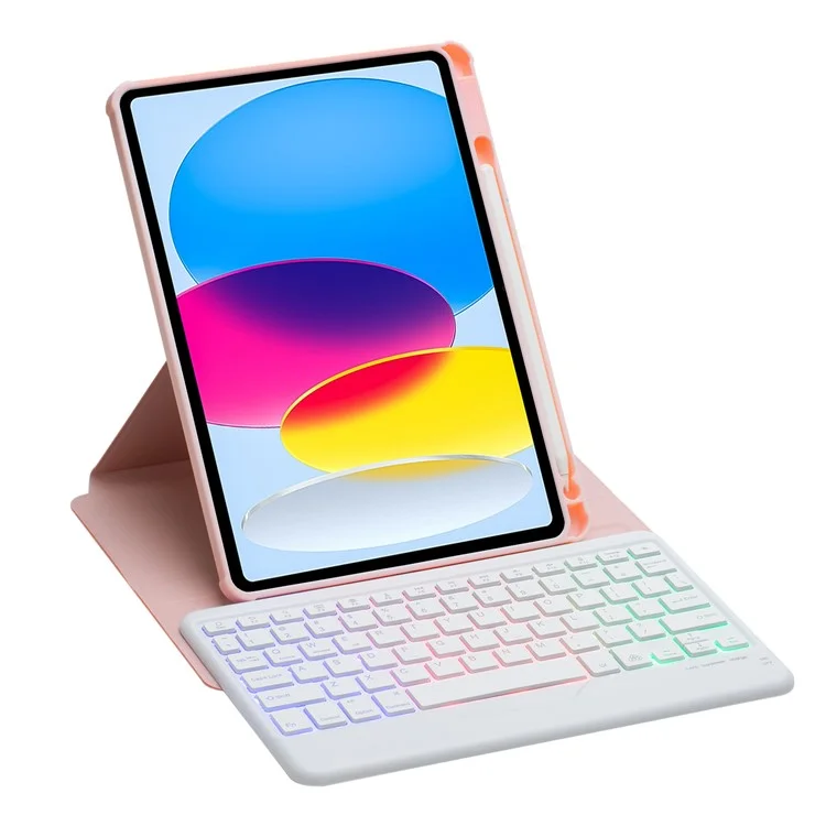F10BS für iPad 10.9 (2022) PU-Leder-Tablet-Hülle Dreieckiger Ständer Cover mit abnehbarer kabelloser Hintergrundbeleuchtung Tastatur - Pink