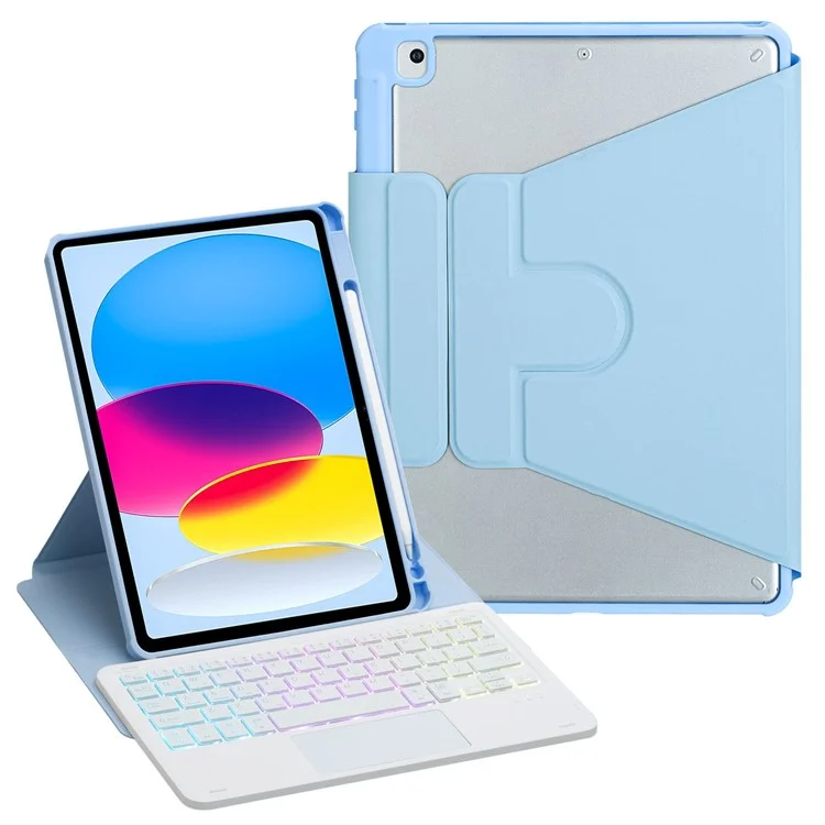 F10B-AS für iPad 10.9 (2022) PU-Leder + Acryl-Tablettenetui mit Ständer und kabellosem Touchpad-Hintergundbeleuchteter Tastatur - Himmelblau