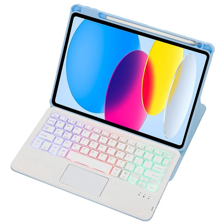 F10B-AS für iPad 10.9 (2022) PU-Leder + Acryl-Tablettenetui mit Ständer und kabellosem Touchpad-Hintergundbeleuchteter Tastatur - Himmelblau