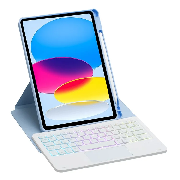 F10B-AS für iPad 10.9 (2022) PU-Leder + Acryl-Tablettenetui mit Ständer und kabellosem Touchpad-Hintergundbeleuchteter Tastatur - Himmelblau