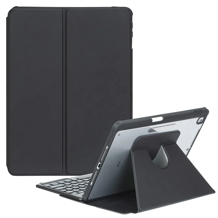YL10 Round Cap Bluetooth-Compatible Keyboard Case for iPad (2025) / 10.9 (2022) Leather Tablet Cover with Rotating Stand, Pen Slot - Black
