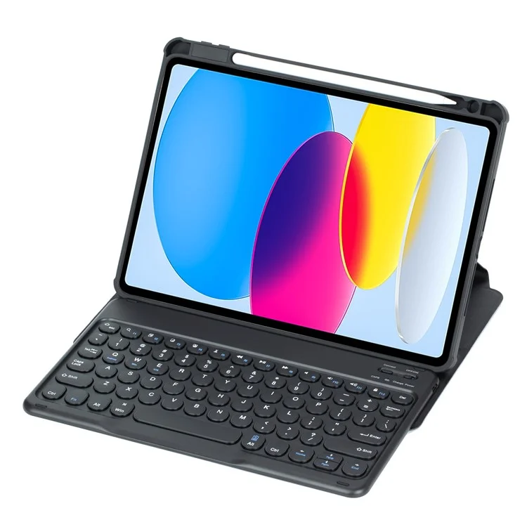 YL10 Round Cap Bluetooth-Compatible Keyboard Case for iPad (2025) / 10.9 (2022) Leather Tablet Cover with Rotating Stand, Pen Slot - Black