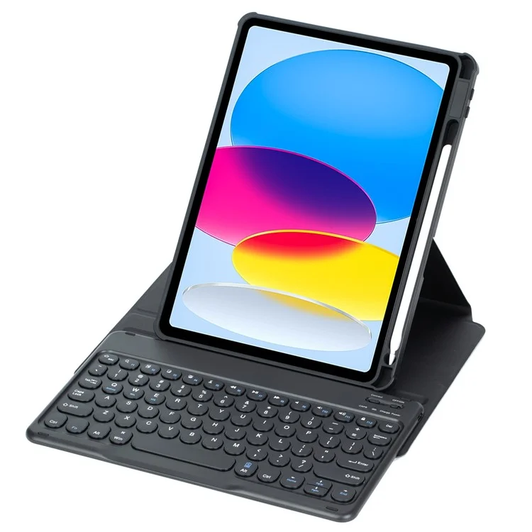 YL10 Round Cap Bluetooth-Compatible Keyboard Case for iPad (2025) / 10.9 (2022) Leather Tablet Cover with Rotating Stand, Pen Slot - Black