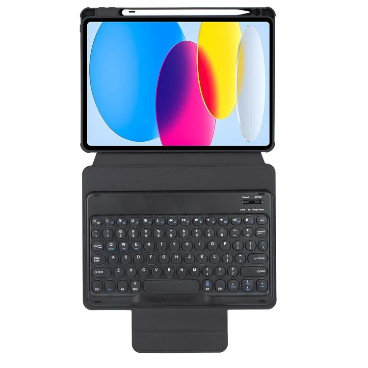 YL10 Round Cap Bluetooth-Compatible Keyboard Case for iPad (2025) / 10.9 (2022) Leather Tablet Cover with Rotating Stand, Pen Slot - Black