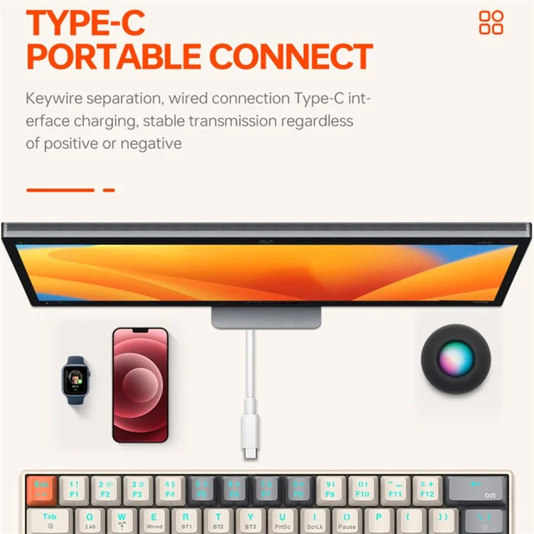 T-WOLF T30 Mechanical Keyboard Wired + Wireless + Bluetooth-compatible 3-Mode RGB Gaming Keyboard 63 Keys - White