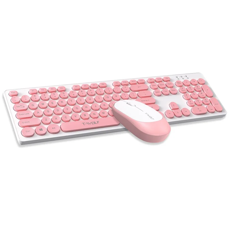 T-WOLF TF770 Wireless Keyboard and Mouse Combo 104 Key Low-Noise Keyboard with Cute Keycaps - Pink