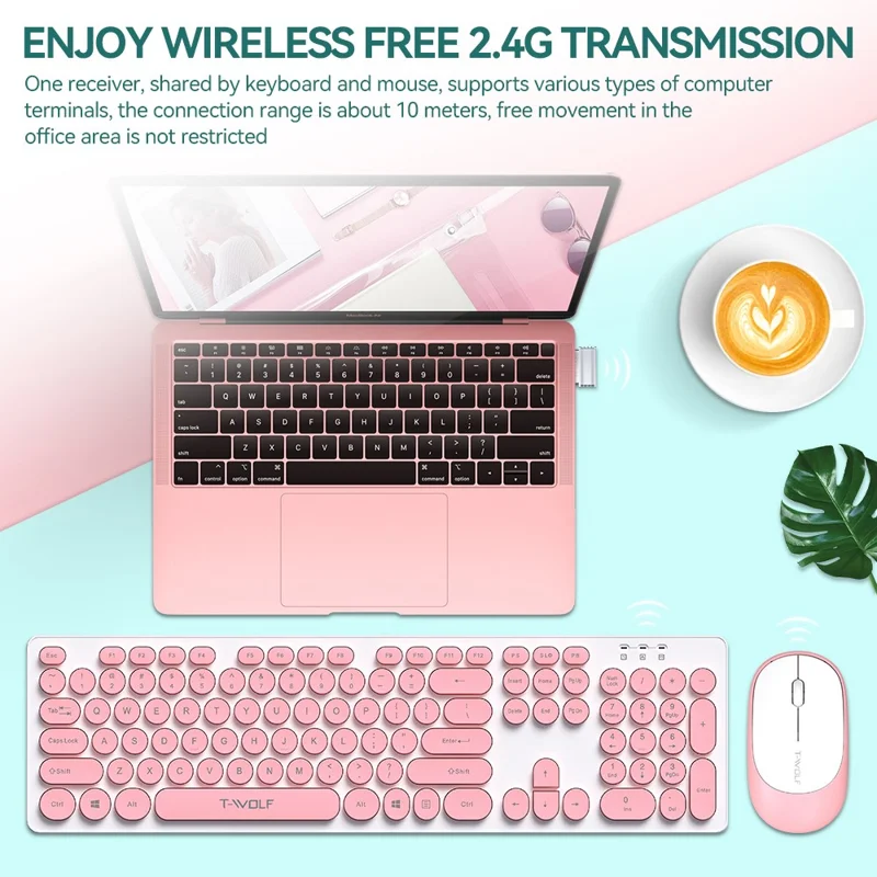 T-WOLF TF770 Wireless Keyboard and Mouse Combo 104 Key Low-Noise Keyboard with Cute Keycaps - Pink