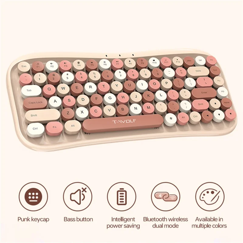T-WOLF TF660 Bluetooth5.0 / 2.4G Modo Dual Teclado Inalámbrico Ratón Conjunto Teclas Redondas - Rosa