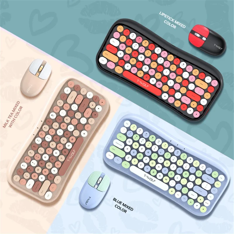 T-WOLF TF660 Bluetooth5.0 / 2.4G Modo Dual Teclado Inalámbrico Ratón Conjunto Teclas Redondas - Rosa