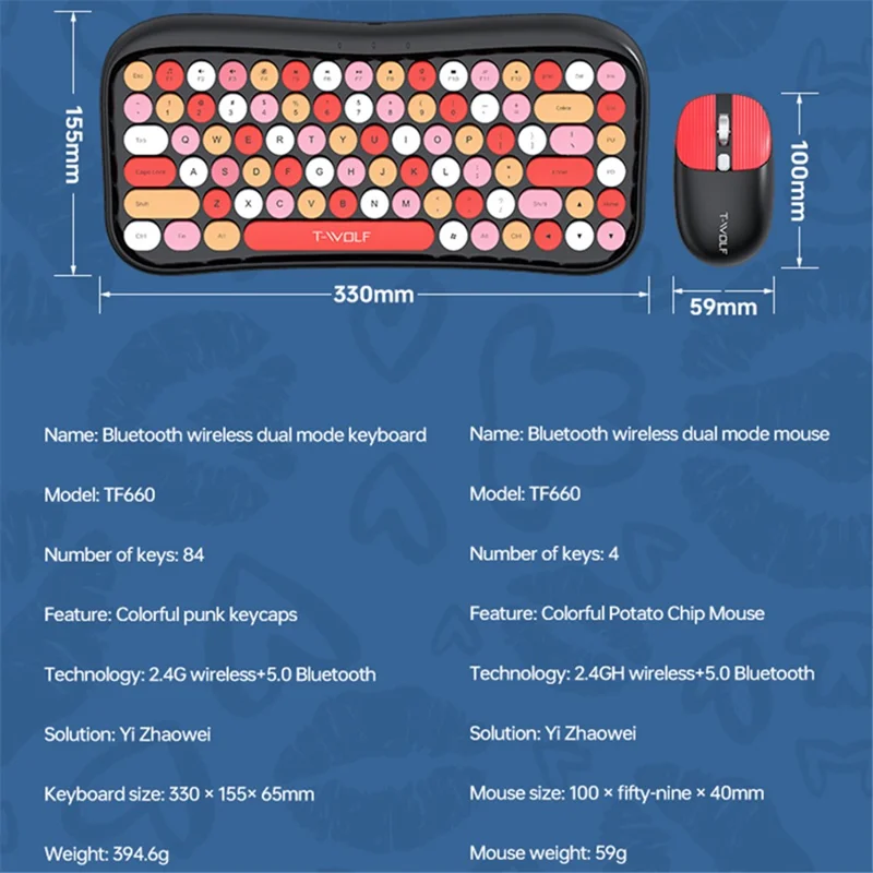 T-WOLF TF660 Bluetooth5.0 / 2.4G Dual Mode Wireless Keyboard Mouse Set Round Keycap Keyboard - Blue