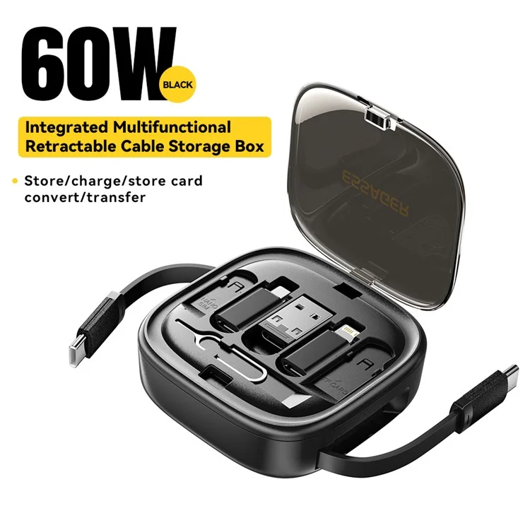 ESSAGER Комплект интегрированных адаптеров USB-C с зарядным кабелем, чехлом, преобразователем, слотом для карты и держателем для телефона - черный