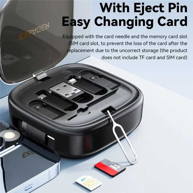 ESSAGER Комплект интегрированных адаптеров USB-C с зарядным кабелем, чехлом, преобразователем, слотом для карты и держателем для телефона - черный