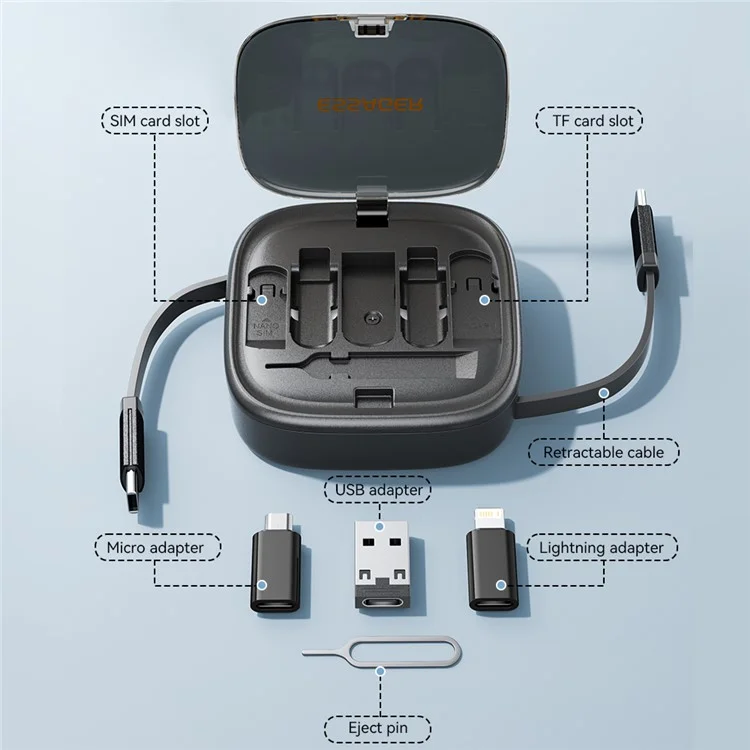 ESSAGER Комплект интегрированных адаптеров USB-C с зарядным кабелем, чехлом, преобразователем, слотом для карты и держателем для телефона - черный
