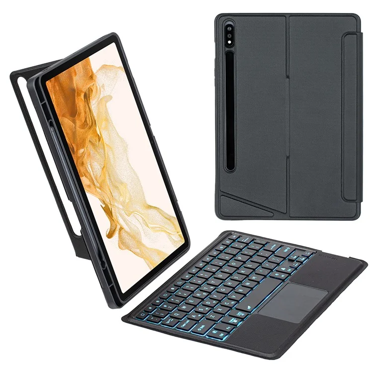 T870B-AS for Samsung Galaxy Tab S7 T870 T875  /  S8 X700 X706 2 in 1 Bluetooth-compatible Keyboard Tablet Stand Case with Pen Slot  /  Touchpad  /  Backlight