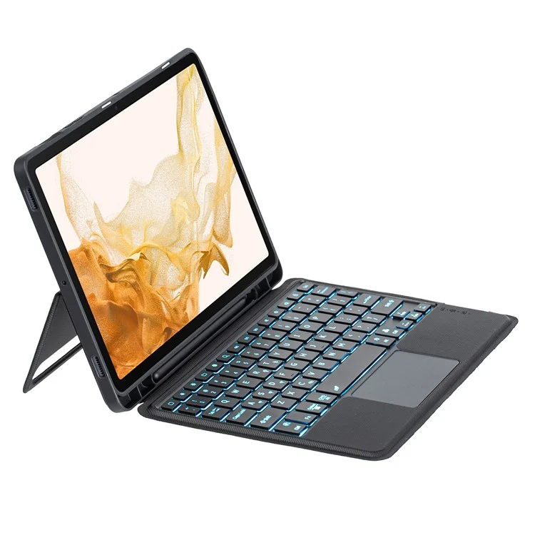 T870B-AS for Samsung Galaxy Tab S7 T870 T875  /  S8 X700 X706 2 in 1 Bluetooth-compatible Keyboard Tablet Stand Case with Pen Slot  /  Touchpad  /  Backlight