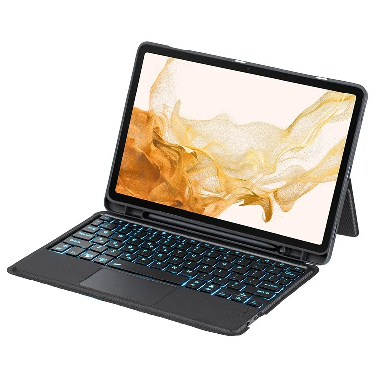 T870B-AS for Samsung Galaxy Tab S7 T870 T875  /  S8 X700 X706 2 in 1 Bluetooth-compatible Keyboard Tablet Stand Case with Pen Slot  /  Touchpad  /  Backlight