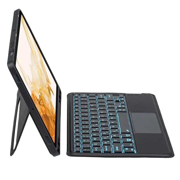 T870B-AS for Samsung Galaxy Tab S7 T870 T875  /  S8 X700 X706 2 in 1 Bluetooth-compatible Keyboard Tablet Stand Case with Pen Slot  /  Touchpad  /  Backlight