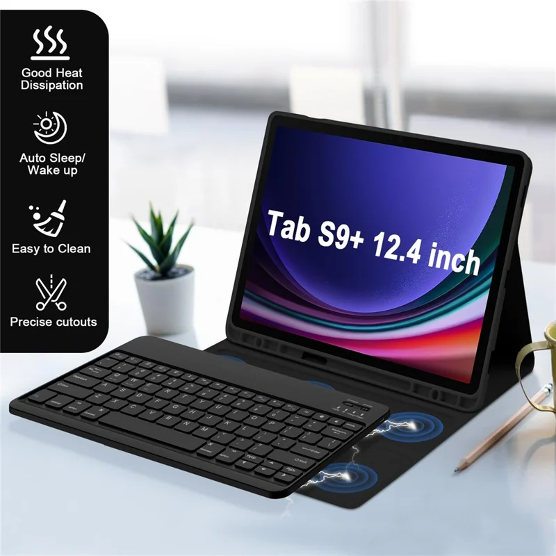 SK-X810 For Samsung Galaxy Tab S9+ SM-X810 / X816B / X818U Leather Case with Detachable Wireless Bluetooth-compatible Keyboard - Black