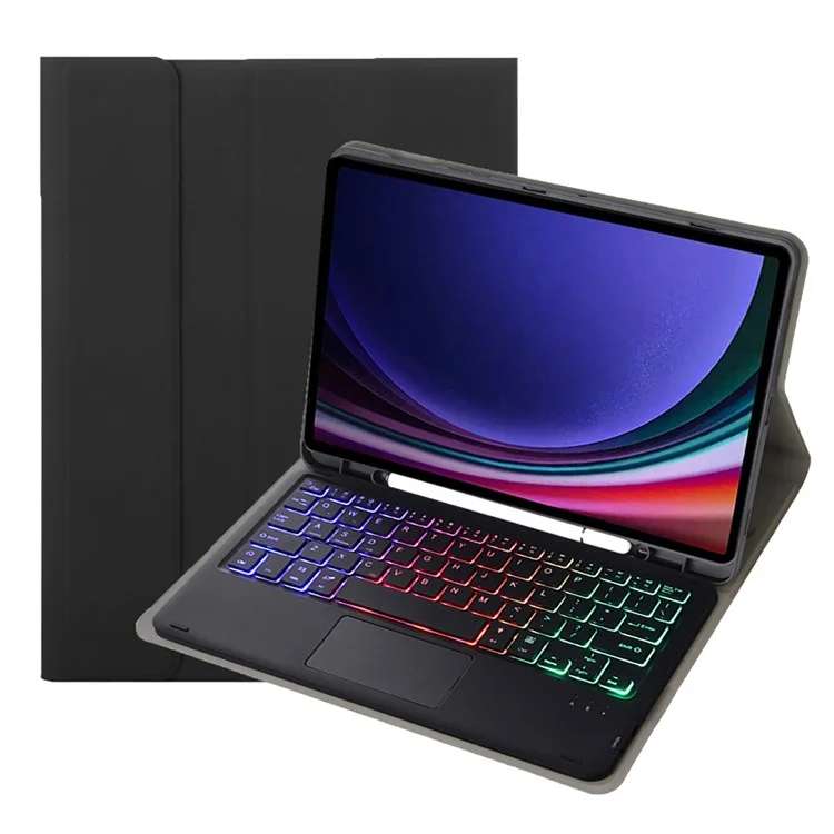 A09B-AS For Samsung Galaxy Tab A9+ X210 X215 X216 Leather Cover + Touchpad Bluetooth-compatible Keyboard with Backlight and Pen Slot - Black