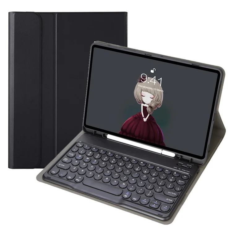Y09B Para Samsung Galaxy Tab A9+ X210 X215 X216 Stand Leather Cover + Round Cap Bluetooth Keyboard Pen Slot - Preto