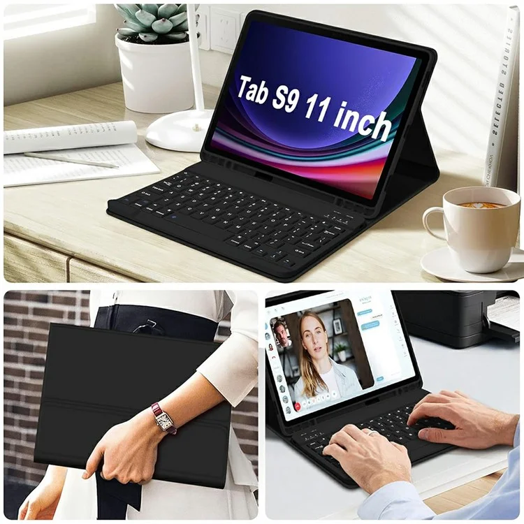 SK-X510 For Samsung Galaxy Tab S10 FE / S9 FE SM-X510 / X516 / X518 Bluetooth-Compatible Keyboard Tablet Case PU Flip Cover - Black