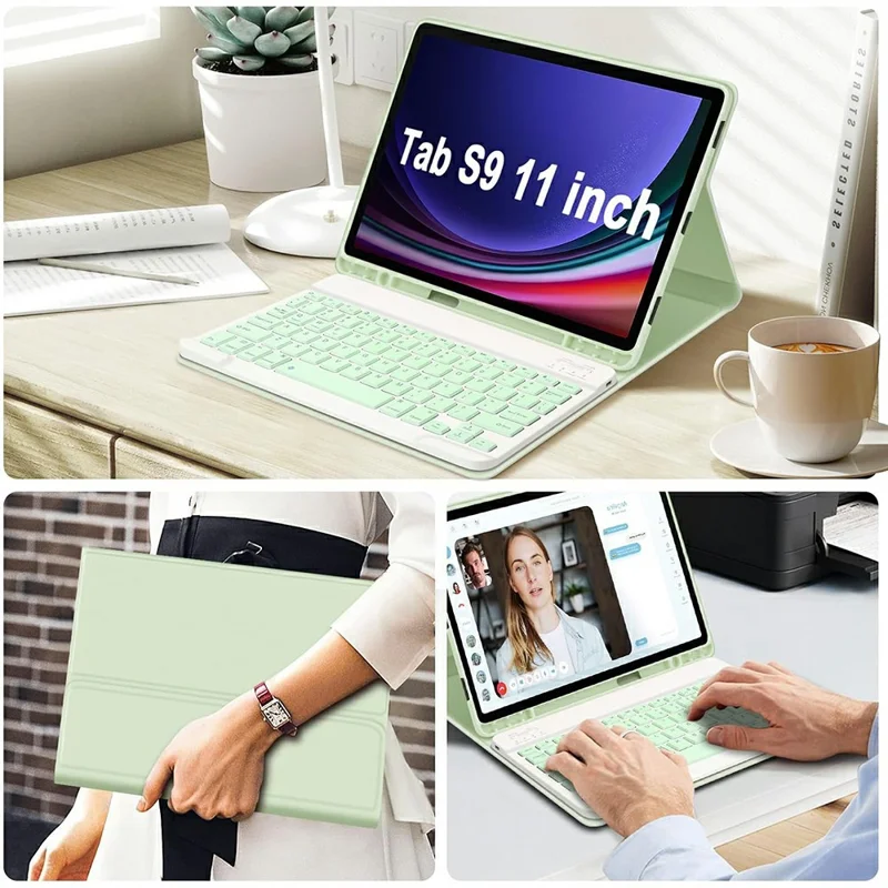 SK-X510 For Samsung Galaxy Tab S10 FE / S9 FE SM-X510 / X516 / X518 Bluetooth-Compatible Keyboard Tablet Case PU Flip Cover - Green