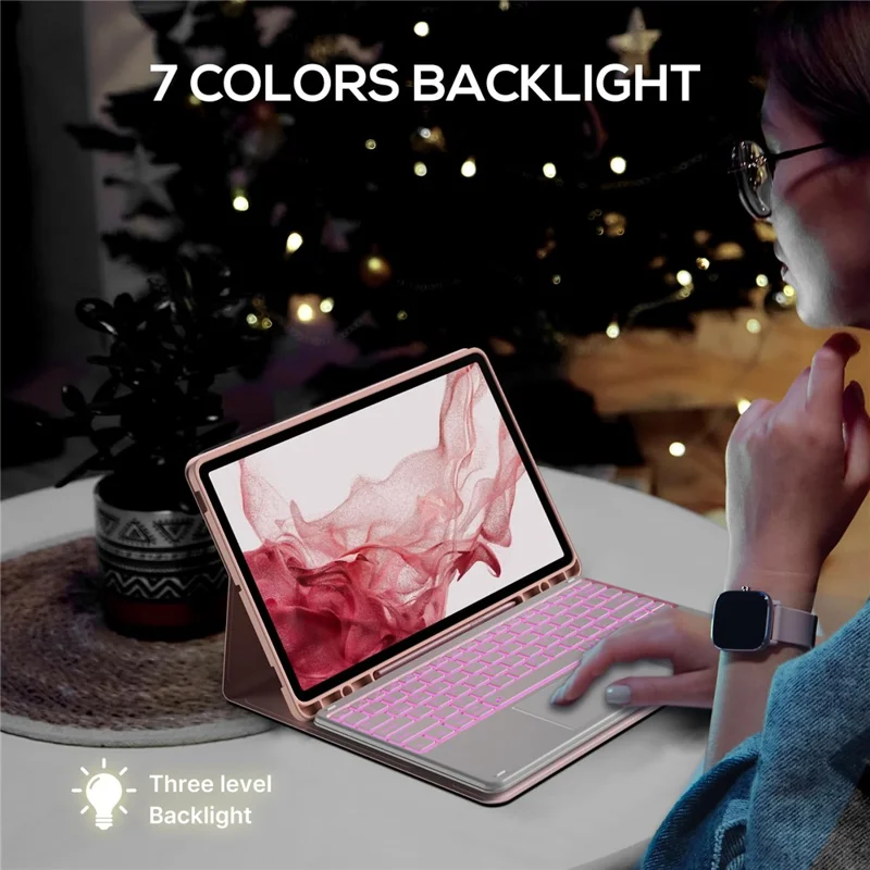SK-780D pour Samsung Galaxy Tab S8+ / S7 FE / S7+ Clavier rétroéclairé avec pavé tactile, compatible Bluetooth, avec étui de protection pour tablette - Rose
