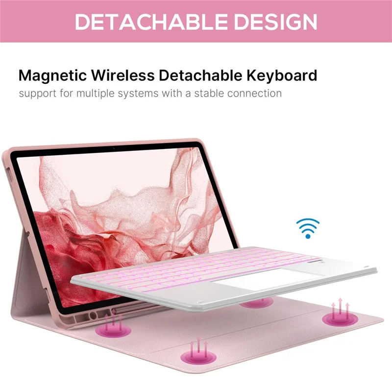 SK-780D pour Samsung Galaxy Tab S8+ / S7 FE / S7+ Clavier rétroéclairé avec pavé tactile, compatible Bluetooth, avec étui de protection pour tablette - Rose