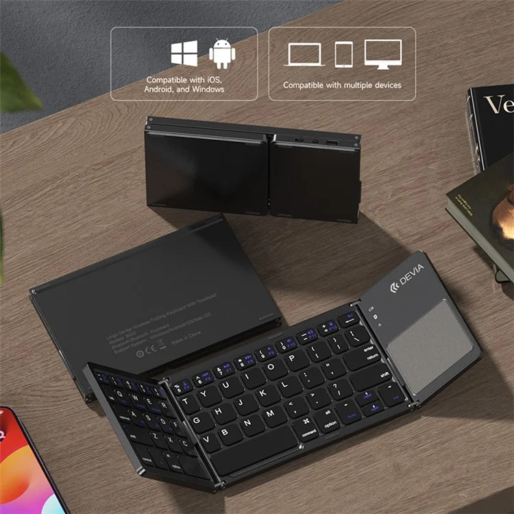 Clavier sans fil pliable DEVIA Lingo Series avec pavé tactile, clavier Bluetooth portable et fin pour tablettes, téléphones portables, PC