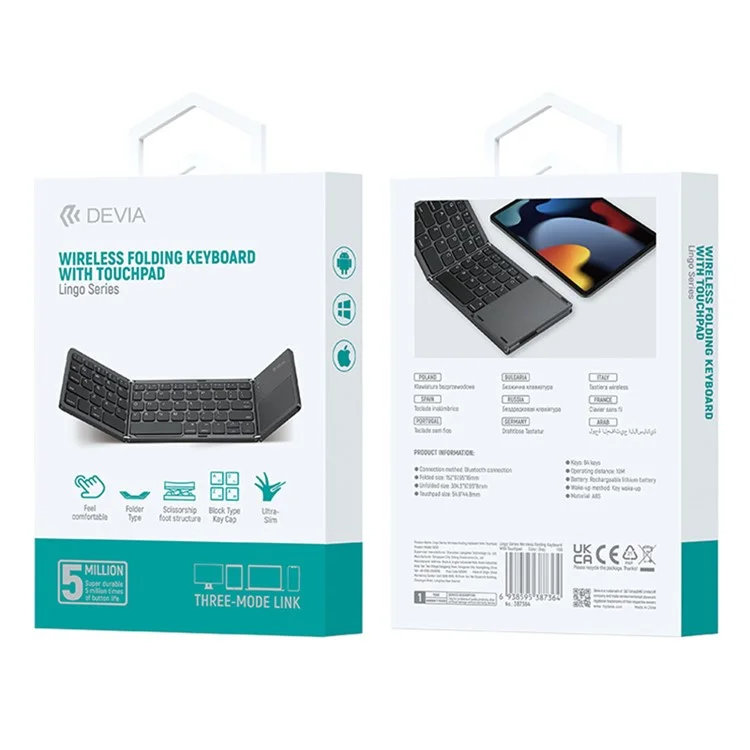 Clavier sans fil pliable DEVIA Lingo Series avec pavé tactile, clavier Bluetooth portable et fin pour tablettes, téléphones portables, PC