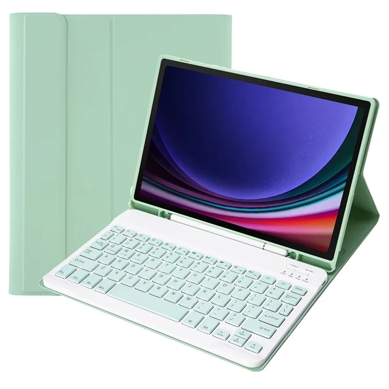 A710B For Samsung Galaxy Tab S10 Lite / S10 FE / S9 FE X510 X516 / S9 X710 X716B X718U Leather Cover + Bluetooth-Compatible Keyboard - Light Green