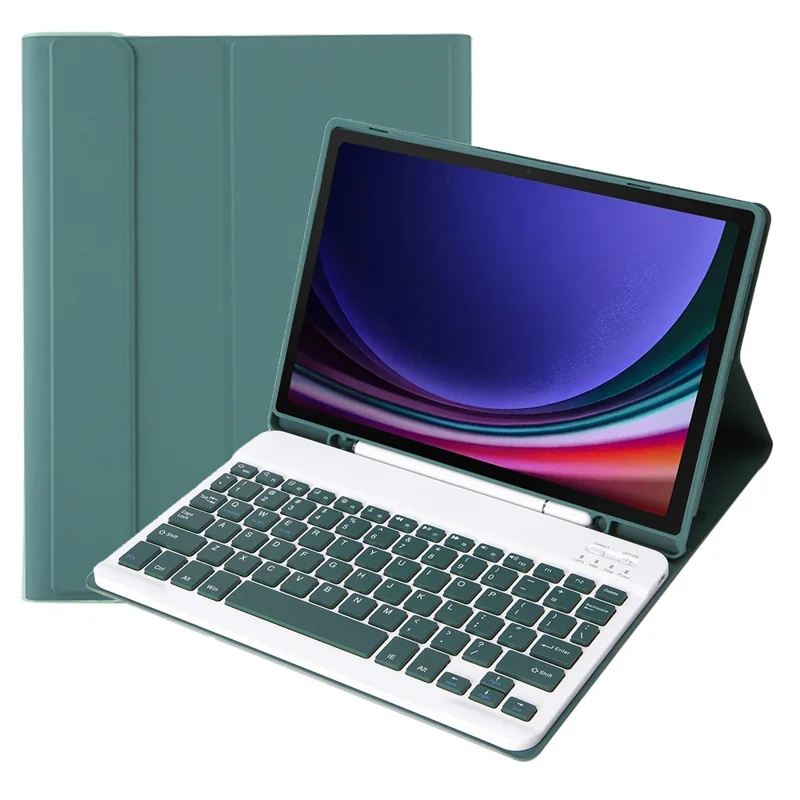 A710B For Samsung Galaxy Tab S10 Lite / S10 FE / S9 FE X510 X516 / S9 X710 X716B X718U Leather Cover + Bluetooth-Compatible Keyboard - Dark Green