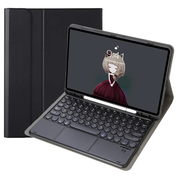 YA710B-A For Samsung Galaxy Tab S10 FE / S9 FE X510 X516 / S9 X710 X716B X718U Round Key Cap Touchpad Bluetooth-Compatible Keyboard Case - Black