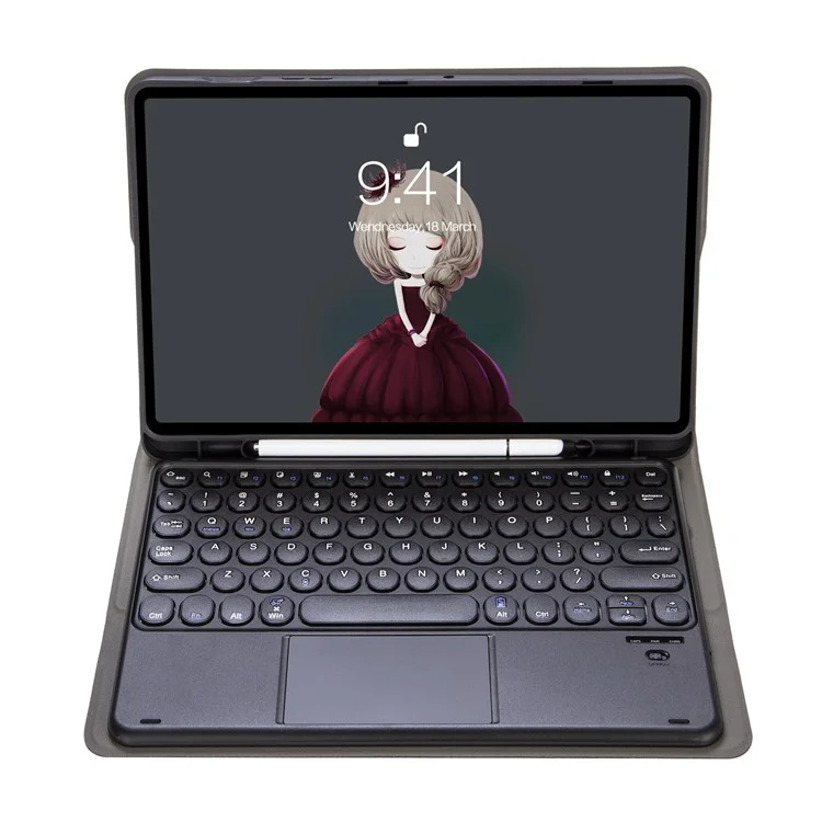 YA710B-A For Samsung Galaxy Tab S10 FE / S9 FE X510 X516 / S9 X710 X716B X718U Round Key Cap Touchpad Bluetooth-Compatible Keyboard Case - Black