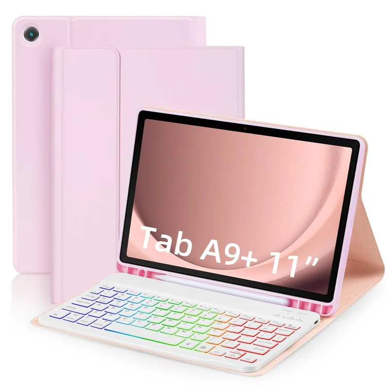 SK-A9+RGB For Samsung Galaxy Tab A9+ SM-X210 / X216 / X218 Leather Tablet Case with Detachable RGB Backlit Keyboard - Pink
