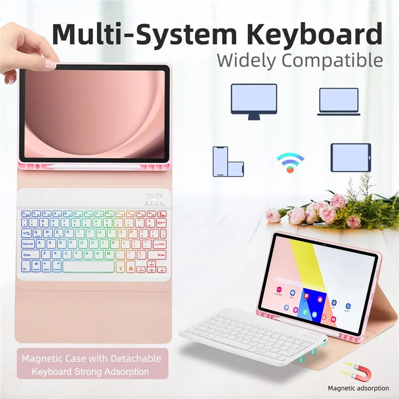 SK-A9+RGB For Samsung Galaxy Tab A9+ SM-X210 / X216 / X218 Leather Tablet Case with Detachable RGB Backlit Keyboard - Pink